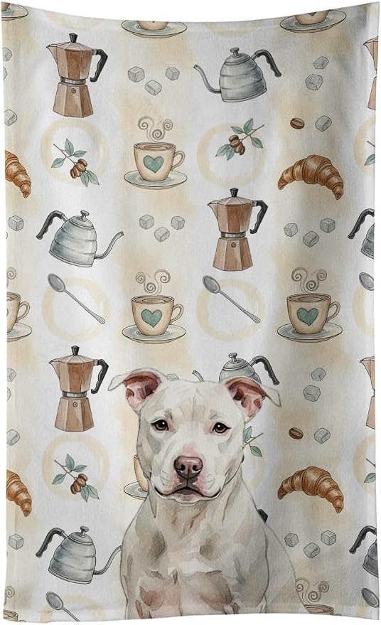 Caroline's Treasures White Staffordshire Bull Terrier Coffee Bar Kitchen Towel Velour Plush Front and Cotton Loop Back Machine Washable