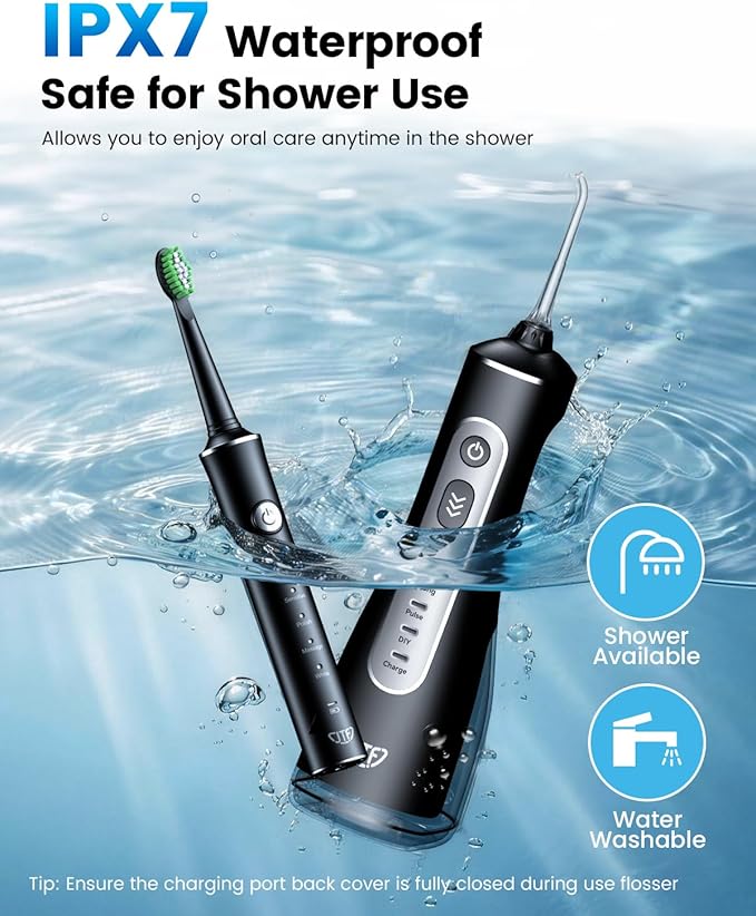 JTF Electric Toothbrush with Water Flosser Combo: 2-in-1 Portable Oral Clean Kit for Effective Yet Gentle Brushing & Flossing, Multiple Modes for Braces & Sensitive Gums Care, Cordless for Home Travel