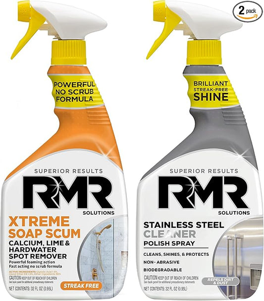 RMR Buildup Breakdown Bundle – Xtreme Soap Scum Remover + Stainless Steel Cleaner Polish, 2-Step Bathroom & Kitchen Cleaning Kit for Shower, Tub, Tile, Glass & Stainless Appliances, 2–32 Oz Bottles