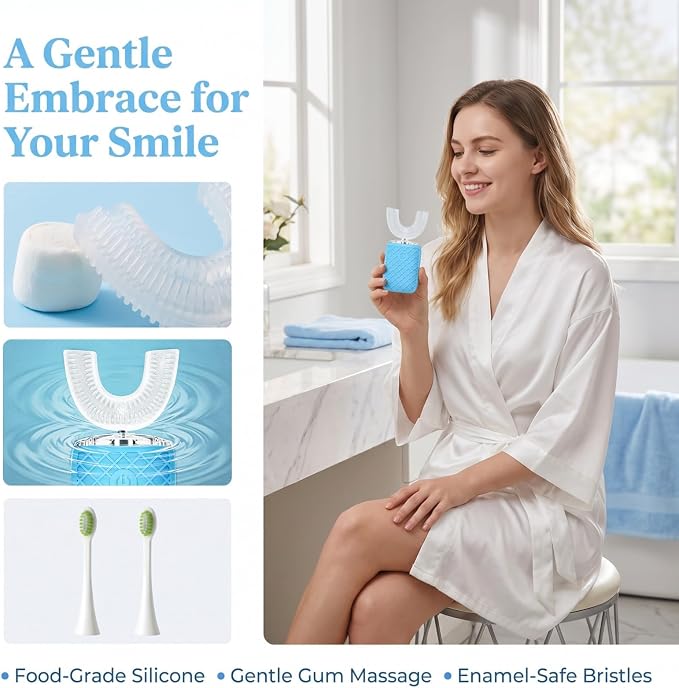 Sonic Electric U Shaped Toothbrush for Adults, Automatic Full Mouth Cleaning Toothbrush, 360° Stain Removal, IPX7 Waterproof Rechargeable, 3 U-Shape & 2 Straight Brush Heads (Blue-Cup)