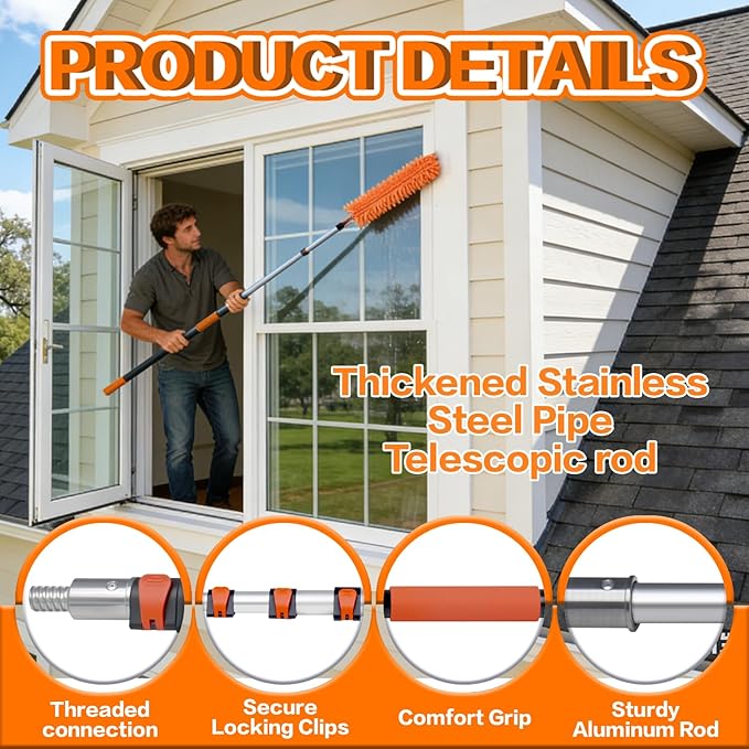 20FT High Reach Duster Cleaning Kit with 3-12 FTExtension Pole, High Ceiling Fan Cleaner Duster Tool for Fan Blades, Extendable Reusable Cobweb, Feather, Window Cleaning Squeegee Kit (12FT)