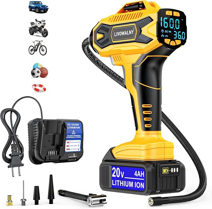 2X Faster Cordless Tire Inflator Portable Air Compressor 20V Rechargeable Battery Powered 160PSI Portable Air Pump with Digital Pressure Gauge, Auto Shutoff & LED Light for Cars SUV Motorcycles