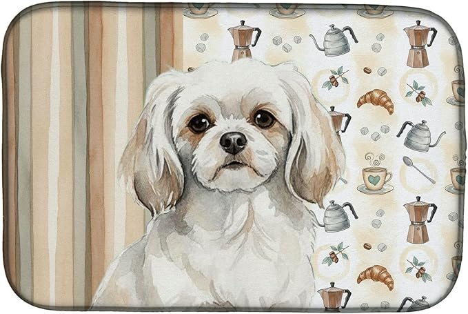 Caroline's Treasures White Tibetan Spaniel Coffee Bar Dish Drying Mat Absorbent Dish Drying Mat Pad for Kitchen Counter Dish Drainer Mat for Countertop, 14 x 21", Multicolor