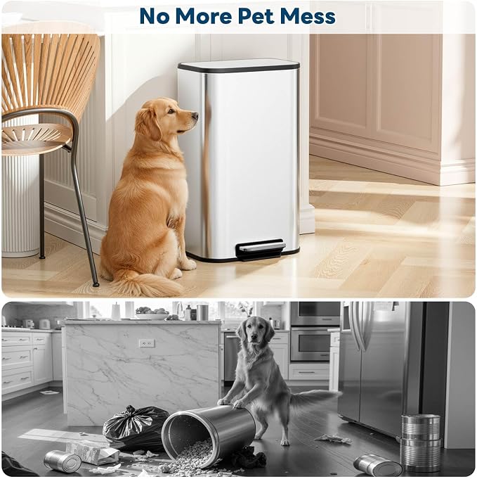 8 Gal/13.2 Gal Stainless Steel Kitchen Trash Can, Step Garbage Can with Soft-Close Lid & Removable Inner Bucket, Fingerprint-Proof Waste Bin with Wide Non-Slip Pedal for Home Office Bathroom
