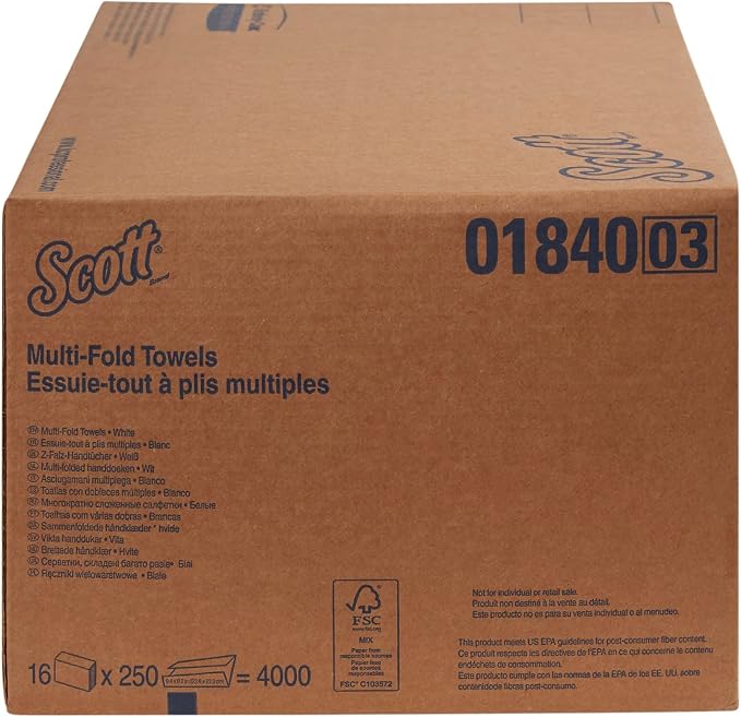 Scott Essential Multifold Paper Towels (01840) with Fast-Drying Absorbency Pockets, White, 16 Clips/Case, 250 Sheets/Clip, 4,000 Towels/Case - Pack of 3