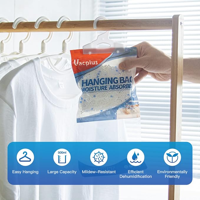 Vacplus Moisture Absorbers, Hanging Closet Dehumidifier Bags, Humidity Packs, Desiccant, Closet Dehumidifiers with Linen Fragrance, 10 Pack, 9.8 OZ