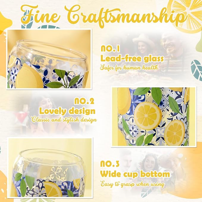 Sliner 2 Pcs Amalfi Lemon Glass Tumblers Capri Lemon Cups Drinkware 16 oz Drinking Glasses with Lid and Straw Mediterranean Decoupage Iced Coffee Cups Coast Holiday Gifts
