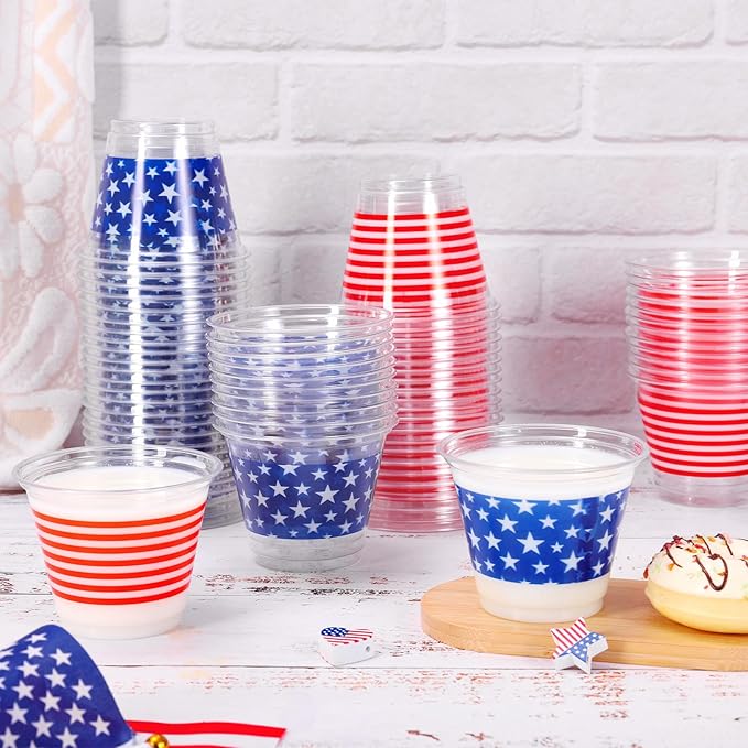 Whaline 100 Pcs 9Oz Patriotic Disposable Plastic Cups with Lids and Straws Red Blue 4th of July Star Stripe Cold Beverage Drinking Cups for Independence Day 250th Anniversary Party Supplies