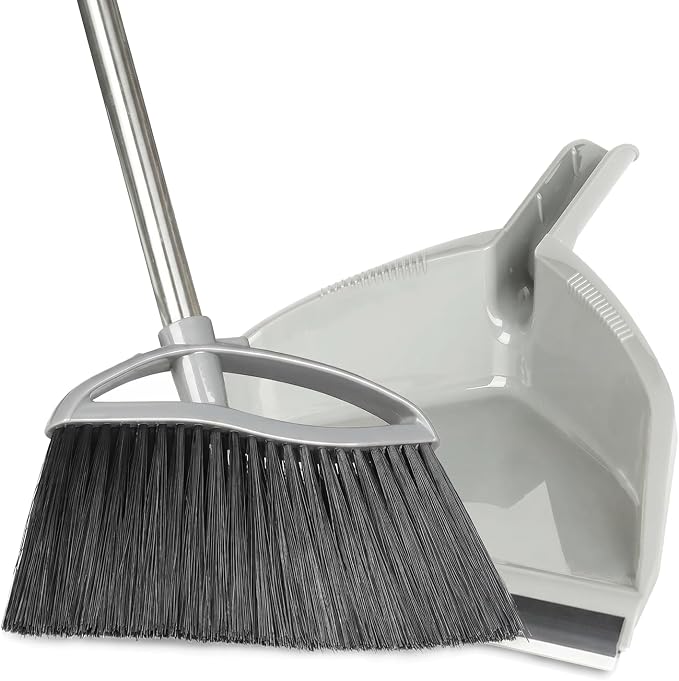 Soft Bristle Broom and Dustpan Combo Set, Long Handle Indoor Broom with Dustpan Set for Kitchen Hardwood Room Office and All Household Floor Cleaning (Gray)