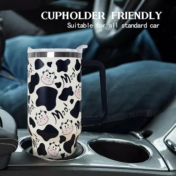 Ceovfoi 40 Oz Cow Tumbler With Handle,Cow Print Coffee Travel Mug Cup Water Bottle,Cow Print Decor,Cow Gifts for Women
