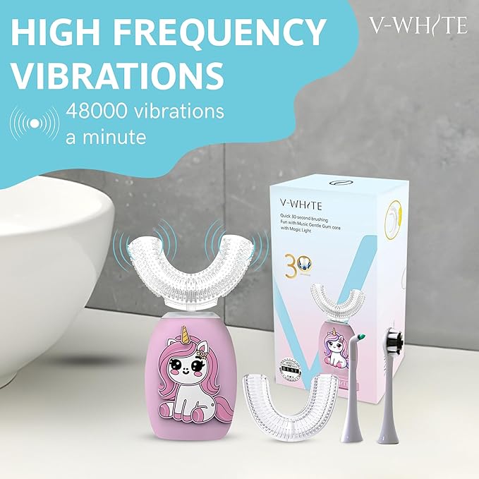 V-WHITE Kids Auto Brush Ultrasonic U-Shaped Toothbrush – 360° Teeth Cleaning, Hands-Free Electric Autobrush for Kids – Gum Protection, Waterproof IPX7, Wireless Charging (Pink)