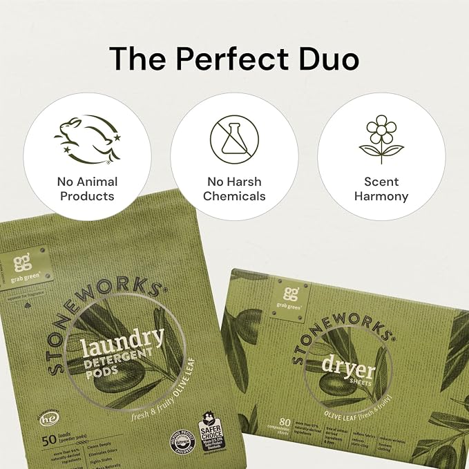 Grab Green Stoneworks Dryer Sheets, 80 Count, Birch Branch, Compostable | Softens fabrics; Reduces Static; Cruelty-free; Plant & Mineral Based; No Harsh Chemicals