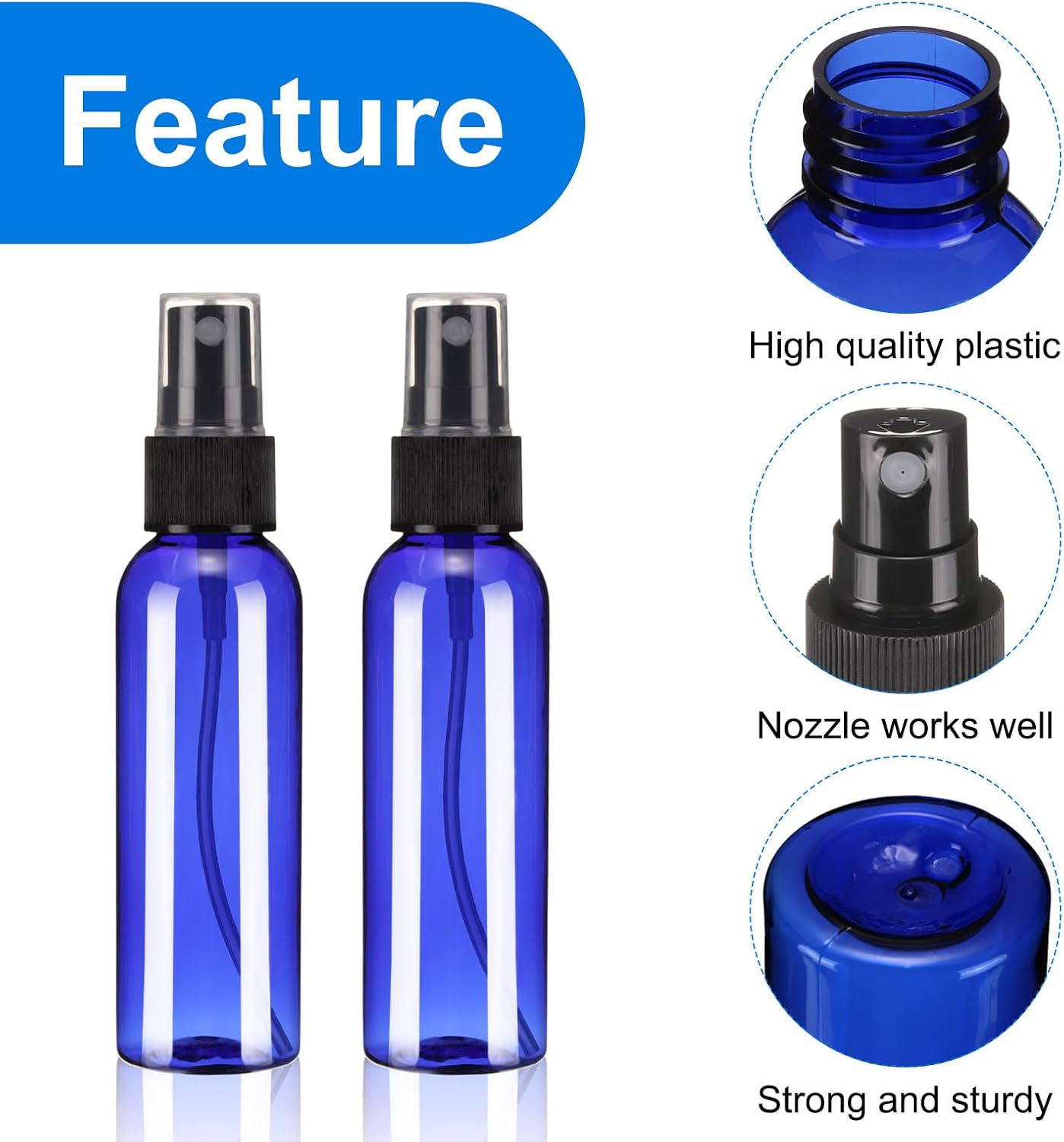 uxcell 100 Pack Spray Bottles, 2 Oz/60ML Reusable Clear Empty Mist Plastic Mini Travel Bottle Set,Small Refillable Liquid Containers for Household Use, Essential Oil(Blue Black)