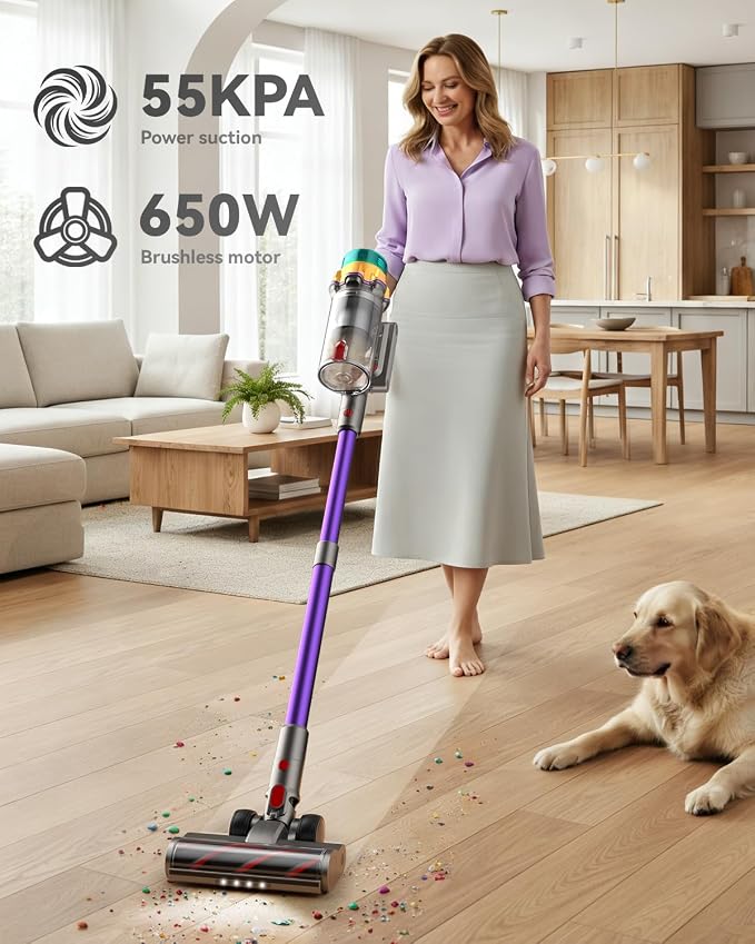 Cordless Vacuum Cleaner, 50kPa, 65 Minutes XL, Vacuum Cleaner with Tangle Brush, LED Display, Freestanding, Cordless Vacuum Cleaner for Parquet, Carpet, Pet Hair, Purple