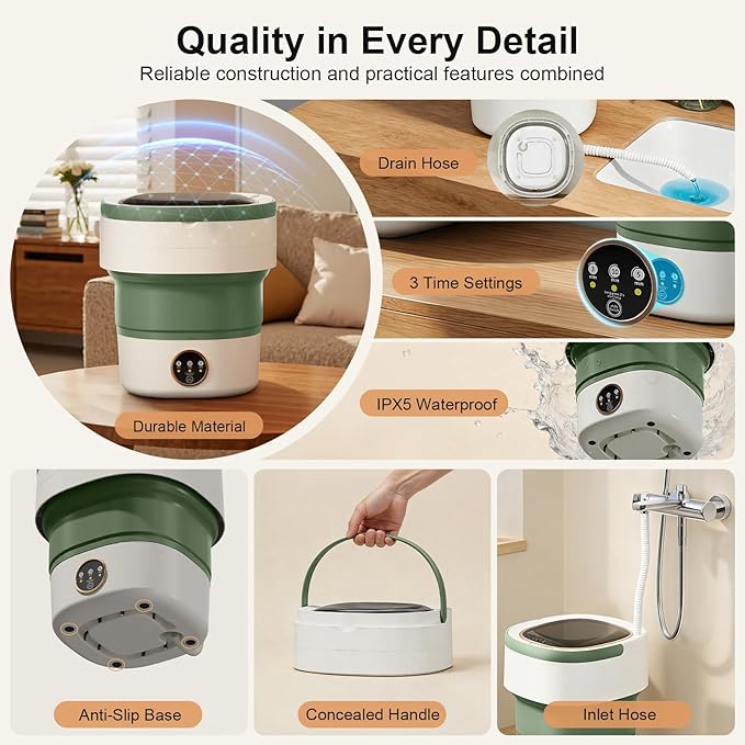Portable Washing Machine - 22L Mini Foldable Washer with Spin Basket, 3 Cleaning Modes & Deep Cleaning for Small Clothes, Collapsible Laundry for Apartment, Home, Hotel and Travel (Green)