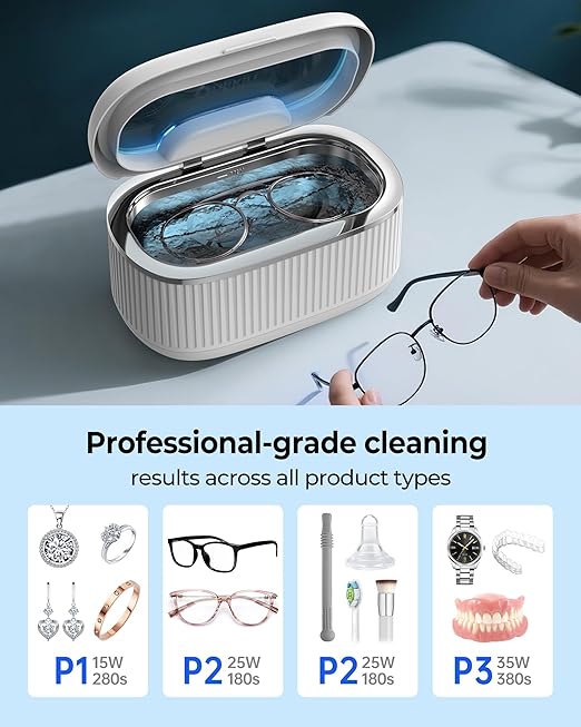 45KHz Ultrasonic Jewelry Cleaner, 5 Timer & 3 Power Modes, 35W Retainer Cleaner for Jewelry, Eyeglasses, Rings, Watch Strap, Dentures - Quiet <38dB, 20oz, 304 Stainless Steel (Ceramic White)