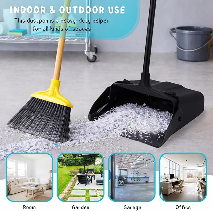 Dustpan with Long Handle, 37’’ Upright Dust Pan, Heavy Duty Standing up Dustpans for Indoor, Outdoor, Home, Office, Commercial, Industrial, Shop