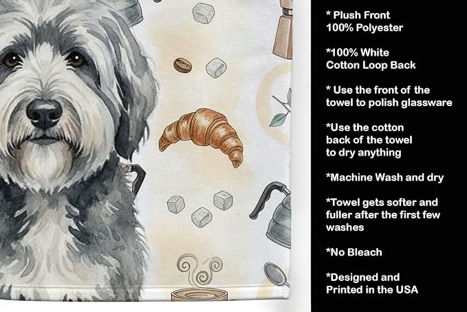 Caroline's Treasures Gray and White Old English Sheepdog Coffee Bar Kitchen Towel Velour Plush Front and Cotton Loop Back Machine Washable
