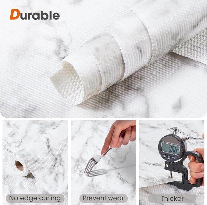 Drawer and Shelf Liner, Non-Slip Kitchen Cabinet Liners Non-Adhesive Thick Strong Grip Waterproof Washable Mats Protect Dresser Shelves Cupboard Bathroom Cabinets, White Marble, 18 in X 10 FT