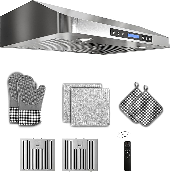 30 inch Stainless Steel Under Cabinet Range Hood - 900 CFM, Ultra-Quiet 4-Speed Vent, Touch/Remote Control LCD, LED Lights, External Venting