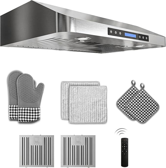 30 inch Stainless Steel Under Cabinet Range Hood - 900 CFM, Ultra-Quiet 4-Speed Vent, Touch/Remote Control LCD, LED Lights, External Venting