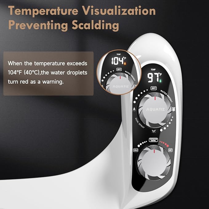 Non-Electric Bidet Attachment for Toilet Seat, Dual Temperature Rear and Feminine Wash, 7.9ft Hot Water Hose, Temperature Display