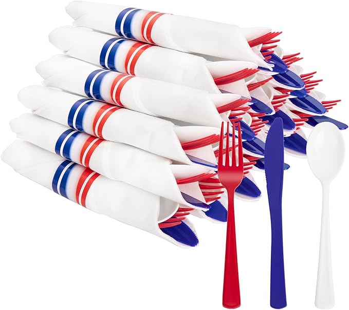 Liacere 400PCS 4th of July Pre Rolled Silverware and Napkin-Disposable Utensils-Wrapped Plastic Patriotic Cutlery Set,100 Red Forks,100 Blue Knives,100 White Spoons,100 Napkins for Independence Day