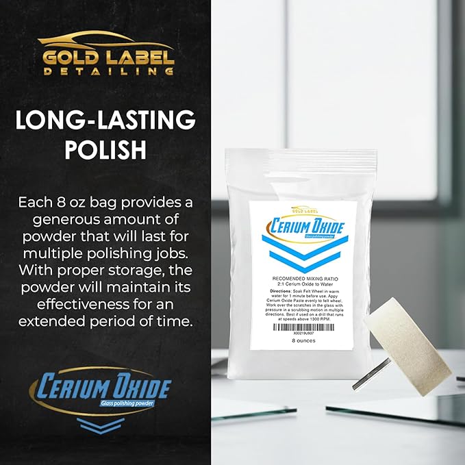 Optical Grade Cerium Oxide 8oz Glass Repair Powder | Glass Window and Windshield Repair | Optical Grade, for use with Camera, Scope, Binocular Lens (8oz with 3" Felt Bob Wheel)