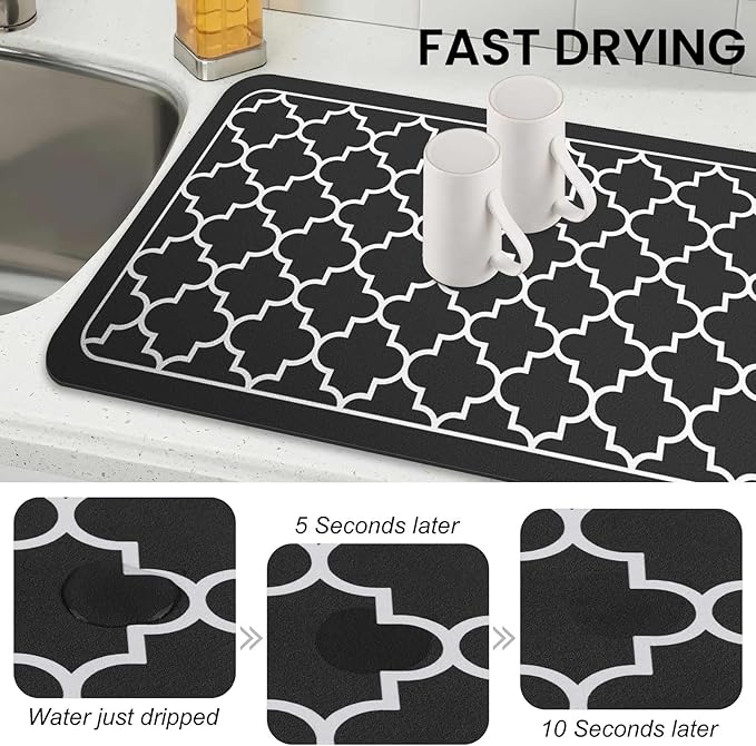 WISELIFE Dish Drying Mat Super Absorbent Drying Mat Large Dish Drying Mats for Kitchen Counter Easy Clean Dish Mat Kitchen Drying Mat18"x 32" Stylish Black