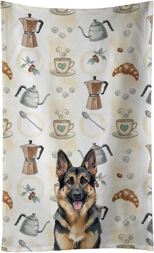 Caroline's Treasures German Shepherd Coffee Bar Kitchen Towel Velour Plush Front and Cotton Loop Back Machine Washable