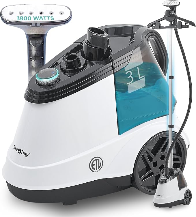 True & Tidy Heavy Duty Commercial Full Size Standing Garment Steamer for Clothes with Extra Large 3L (101 oz) Water Tank for 90+ mins of Steam Time, 1800 watts of Powerful Steam, 3 Settings, White