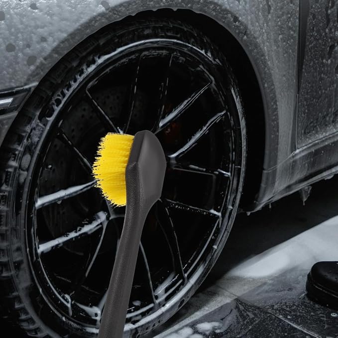 Long Handle Car Tire Brush with Heavy Duty Stiff Bristles for Wheel and Rim Cleaning Ergonomic Grip Car Wash Detailing Tool