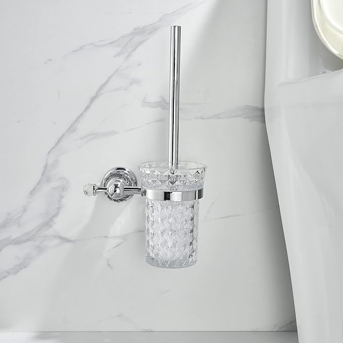 WOLIBEER Crystal Toilet Brush Holder, Chrome Toilet Cup Set with Polished Silver Brush Handle Wall Mounted for Bathroom - Decorative Design,Space Saving.