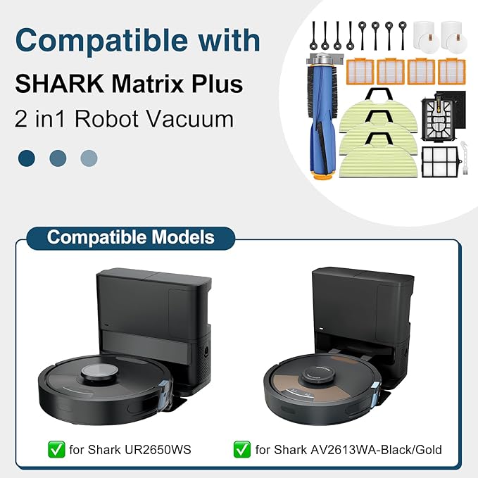 UR2650WS Replacement Parts for Shark AV2613WA Matrix Plus 2-in-1 Robot Vacuum, Accessories with Main Brush, Filters, Pre & Felt-Filter, Pre-Motor Foam Filters, Mop Pad, Side Brushes, 22 Pack