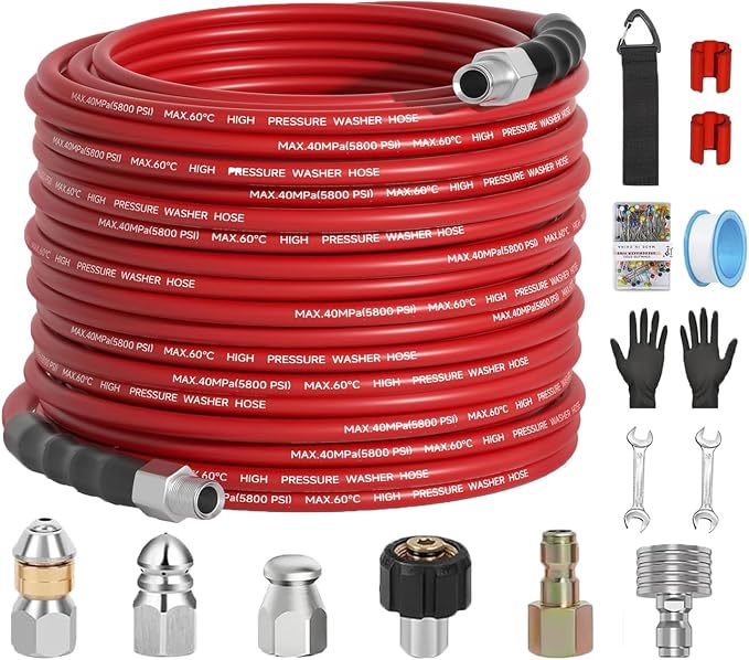 100FT Sewer Jetter Kit for Pressure Washer 5800PSI,1/4" NPT Drain Jetter Hose with 1/4" Quick Plug，3 Sewer Jet Nozzles，Spanners Teflon Tape Gloves and Spray Nozzle for Cleaning