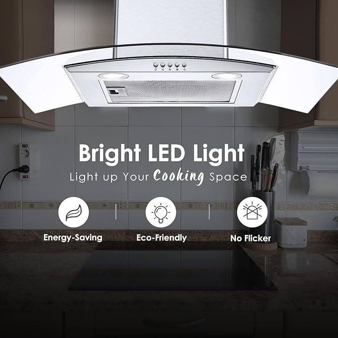 Range Hood 30 Inch, Tieasy Wall Mount Kitchen Hood with Ducted/Ductless Convertible Duct, Stainless Steel Chimney and Aluminum Filters, LED Lights, 3 Speed Fan, Push Button