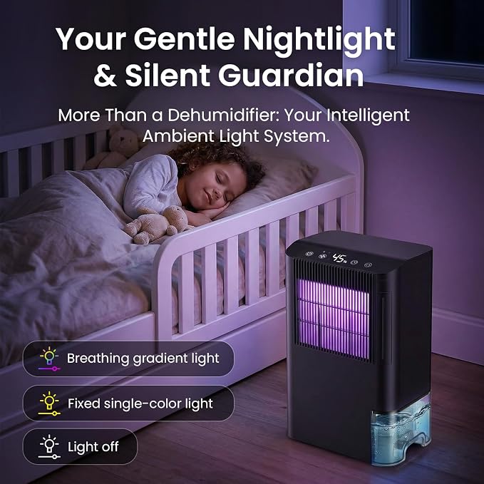 Home Dehumidifier, Basement Rotary Dehumidifier, ultra-quiet automatic shut-off/7-color lighting/operates at a low temperature of 32°F (0°C)/washable filter, suitable for bedroom, basement, bathroom