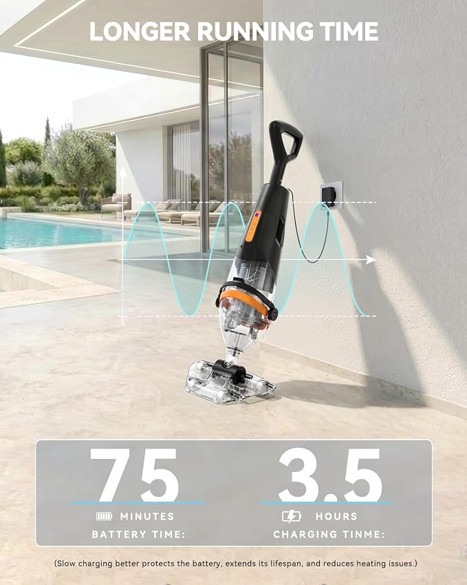 Great Shark Cordless Pool Vacuum with Remote Power Switch, 1.8m Telescopic Pole, 75 Min Runtime, 18 GPM Suction, Handheld Pool Vacuum for Above Ground & Inground Pools, Spa & Hot Tub