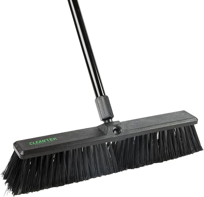 Restaurantware-Clean Tek Professional 17.13 Inch Push Broom, 1 Heavy-Duty Broom with 59” Handle - Medium Bristles, 2 Handle Attachment, Wooden, Commercial Use, for Deck, Garage, Yard, Patio