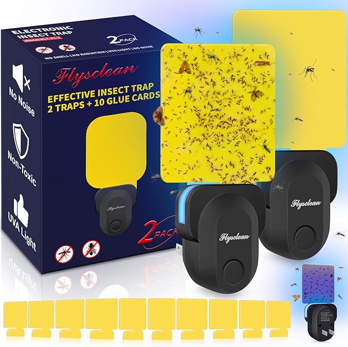 Flying Insect Trap Plug-in, Indoor Mosquito & Gnat Killer, Safe Non-Toxic UV Light Fly Catcher, Night Light Bug Trap with Sticky Pad for Flies, Gnats, Moths (2 Pack, Black)