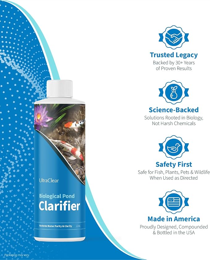 Pond Clarifier for Outdoor Ponds - Concentrated Live Beneficial Bacteria - Treats up to 30,000 Gallons - Clears Cloudy Pond Water - Safe for Fish, Plants, Pets and People