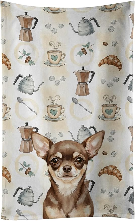 Caroline's Treasures Chocolate Chihuahua Coffee Bar Kitchen Towel Velour Plush Front and Cotton Loop Back Machine Washable