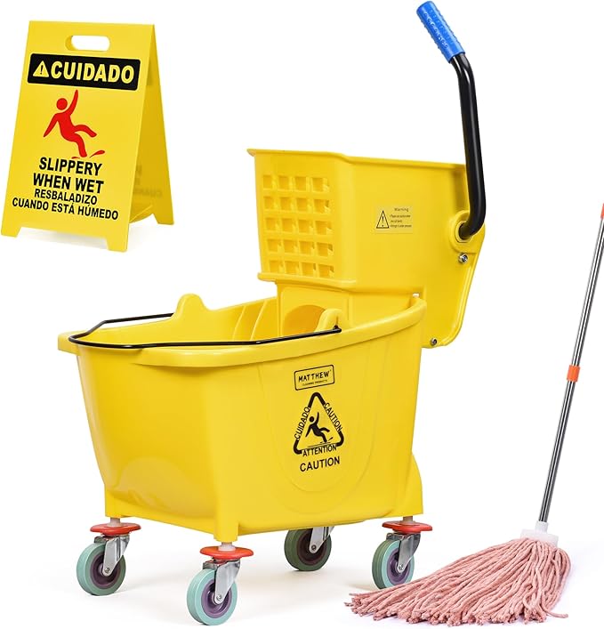 Matthew Cleaning 34 Quart Commercial Mop Bucket INCL.Wet String Mop with Side Press Wringer On Wheels,Heavy Duty Tandem Portable Floor Cleaning Wavebrake,Ideal for Household,Industrial,Restaurant