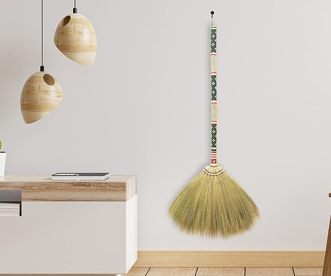 Thai Vintage Retro Grass Broom Stick, Asian Straw for Wedding Jumping, Witch, House, Long With Solid Wood Handle - Primitive Sweeping Dirt Dust Garbage