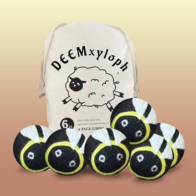 Bumblebee Wool Dryer Balls 6-Pack,Natural Fabric Softener Replacement, Vibrant Multi-Tone Design, Year-Round Static Control - Shorten Dryer Time for Kids' Clothes, Blankets & Delicates