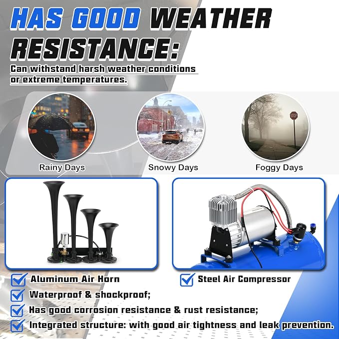 PTNHZ 150DB Train Horns Kit 12V 150PSI Air Compressor Tank Pump w/6 Liter 1.6 Gallon Tank + Super Loud Black 4 Single Row Trumpet For Train Truck Boat Pickup Motorhome