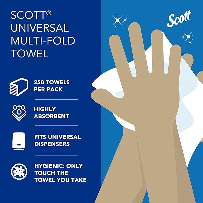 Scott Professional Universal Multifold Paper Towels, Bulk (58091), Absorbency Pockets, White, 9.2"x9.4" Towel, White, Compressed, Compact Case (250 Sheets/Pack, 12 Packs/Case, 3,000 Sheet Total)