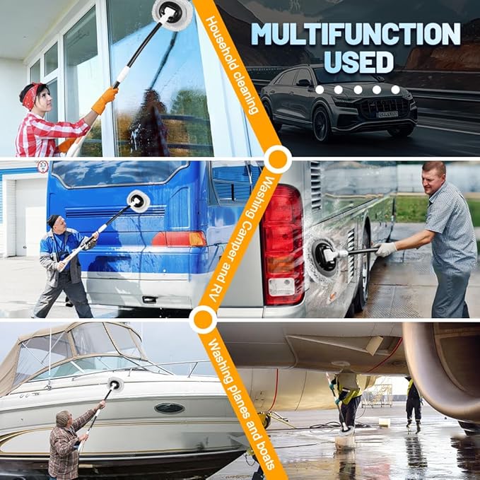 Car Wash Brush with Long Handle, Chenille Microfiber Car Wash Mop Kit, Scratch Free Car Cleaning Supplies with Ergonomic 15掳 Curved Extension Pole for RV Truck Boat Windshield - White