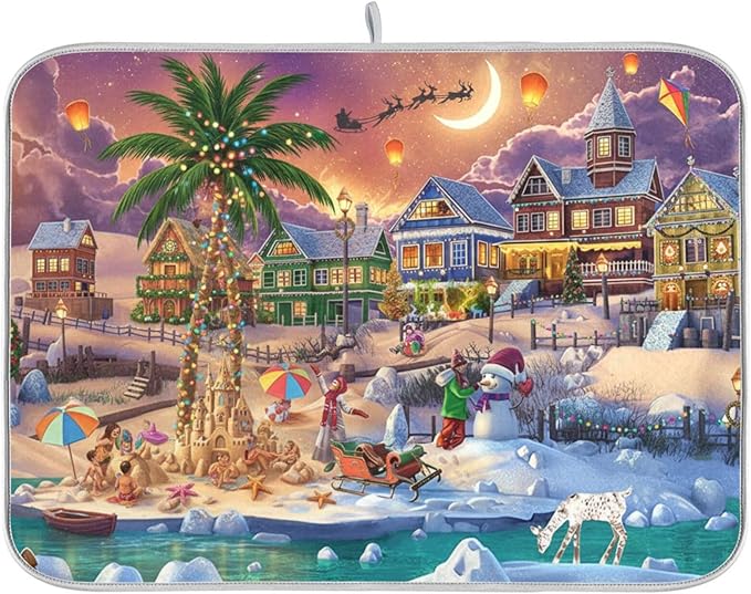 Absorbent Dish Drying Mat Christmas Tree Kitchen Counter Mat Protector,Reversible,Medium 18 x 16 Inches