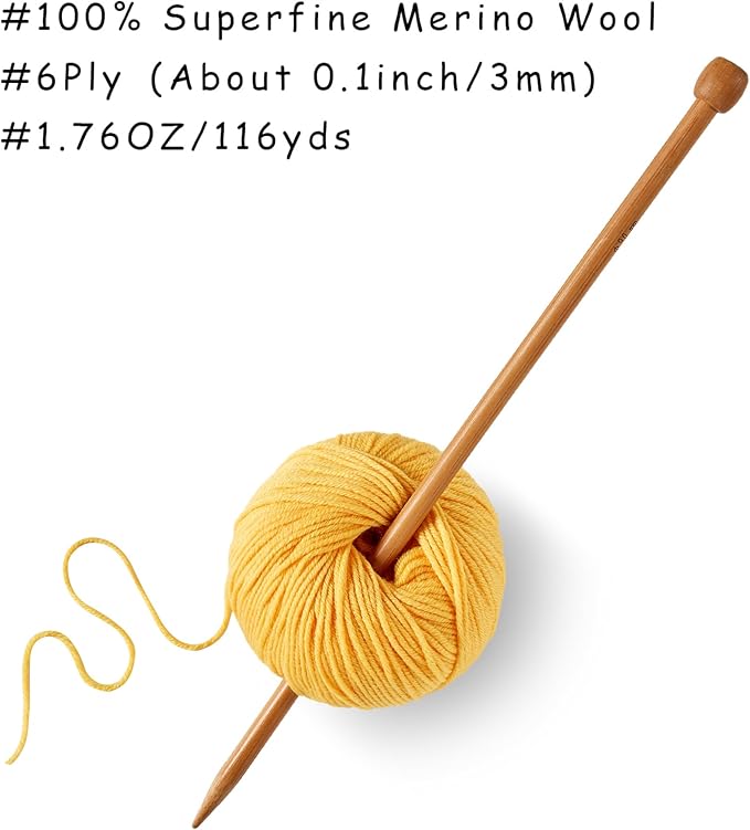 100% Merino Wool Yarn, 6-Ply Luxurious and Soft Yarn for Hand Knitting & Crocheting, 1.76 OZ/50g, 127 yds/116 Meters(Bright Yellow, 3 Balls)